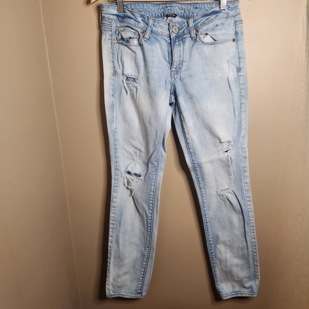American Eagle Stretch Skinny Jeans Light Wash Distressed Denim